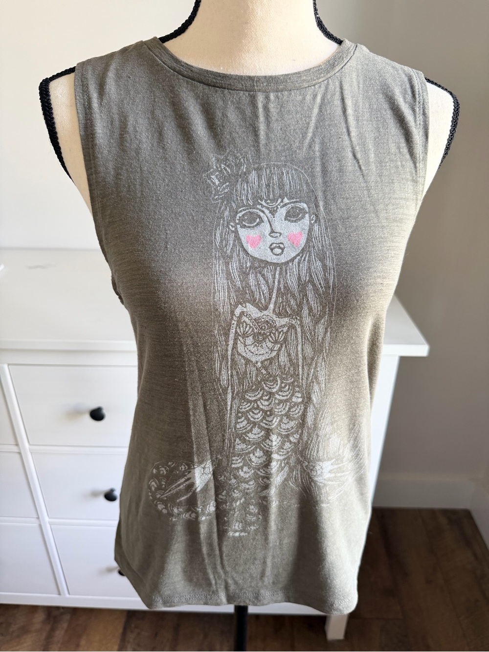 Olive Racerback Graphic Tank Top - Merfolk Illustration